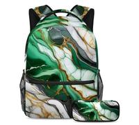 Rimani organizzato, resta fresco, set di 2 zaini per la scuola con astuccio, un must per studenti alla moda, texture marmo verde, Multicolore, B：29.4x20x40cm P：19x7.5x3.8cm, Zaini Daypack