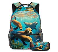 Rimani organizzato, resta fresco, set di 2 zaini per la scuola con astuccio, un must per studenti alla moda, simpatico leone marino, Multicolore, B：29.4x20x40cm P：19x7.5x3.8cm, Zaini Daypack