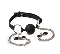 Rimba Latex Play Mouthgag with Ball and Nipple Clamps Black