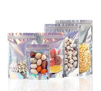 Rimiko 50 Pezzi Sacchetti di Alluminio Stand up Transparente, Bustine per Imballaggio in Mylar con Zip, Buste Richiudibili a Chiusura per Conservazione Alimenti (Colore Olografico, 12x20cm)