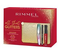 Rimmel London Kit Regalo Donna All That Glitters Collection, Pochette Medium Glitterata in Oro con Mascara Wonder Extension, Matita Occhi Soft Kohl Kajal Nera e Rossetto Stay Matte 500 Fire Starter