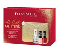 Rimmel London Kit Regalo Donna All That Glitters Collection, Pochette Small Glitterata con Smalto Nail Care Top Coat Ultra Shine, Smalto 60 Seconds 210 Ethereal e Smalto 60 Seconds 315 Queen of Tarts