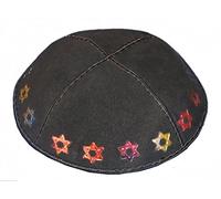 Rimmon - Kippah in vera pelle scamosciata, Yarmulkes per bambini ebrei, con stella di David in colori scintillanti su camoscio nero