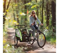Rimorchio Bici per Bambini e Passeggino 2 in 1 con Cintura, Tasche e Bandierina, Verde
