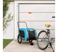 Rimorchio bici per cane in ferro e oxford blu e nero, con copertura in PVC e finestre a rete per ventilazione. Ruote grandi e piccola ruota anteriore per guida sicura su vari