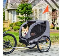 Rimorchio Bici per Cani Taglia Media con Finestre Laterali e Bandierina, 130x73x90 cm, Grigio e Nero