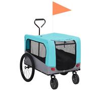 Rimorchio per bicicletta e passeggino per cani 2 in 1, blu e grigio, con sospensioni, ruota anteriore girevole a 360°, finestre in rete, attacco rapido e timone pieghevole