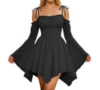 Rinascimentale Vestito Fata Donna A Linea Spalle Scoperte Strega Halloween | Mini Corsetto con Maniche Campana Medieval Pirata Principessa Costume Halloween Vestito Flusso Stile Outfit Festa Mascherata