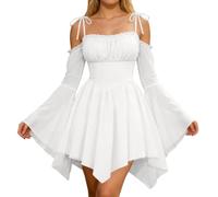 Rinascimentale Vestito Fata Donna A Linea Spalle Scoperte Strega Halloween | Mini Corsetto con Maniche Campana Medieval Pirata Principessa Costume Halloween Vestito Flusso Stile Outfit Festa Mascherata