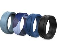 Rinfit - Fede nuziale in silicone da uomo, confezione da 3 anelli, design in gomma di silicone, comodo e durevole, per fedi nuziali, Camo Blue, Blu, Azzurro, Nero, Size 9.5-10