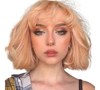 Rinfrescante Parrucche gialle arancioni Parrucche Bobo corte diritte con frange Parrucca colorata per parrucche sintetiche del partito di amichevoli del calore della ragazza Regolabile