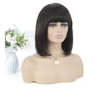 Rinfrescante Parrucche lunghe fino alle spalle per donne nere Uso quotidiano Parrucca corta Parrucca con fascia per capelli umani con frangia piatta e retina per capelli sottile Regolabile