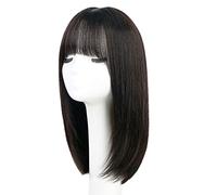 Rinfrescante Parrucche lunghe per capelli umani per donna Parrucche frontali in pizzo marrone Capelli umani Parrucche per capelli lisci castani di media lunghezza con frangetta(16"/24cm) Regolabile