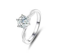 Ring Frau, Ring Damen Verdrehter, Schmaler Solitärring mit 6 Krappen und Rundem Moissanit 1 Ct Silber 14K Weißgold Größe 60 (19.1)