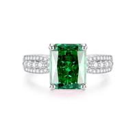 Ring Set Damen, Damenring Modern mit 8X10mm Rechteckigem, Im Labor Hergestelltem Smaragd und Moissanit Silber Platin Größe 47 (15.0)