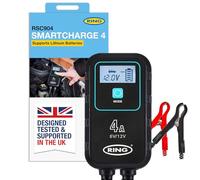 RING Smartcharge - Caricatore da auto 4A con clip a coccodrillo e gancio per appenderlo integrato, compatibile con batterie agli ioni di litio, piombo, gel, calcio, EFB e AGM