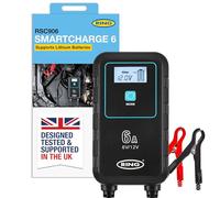 RING Smartcharge - Caricatore da auto 6A con clip a coccodrillo e gancio per appenderlo integrato, compatibile con batterie agli ioni di litio, piombo, gel, calcio, EFB e AGM