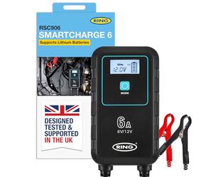 RING Smartcharge - Caricatore da auto 6A con clip a coccodrillo e gancio per appenderlo integrato, compatibile con batterie agli ioni di litio, piombo, gel, calcio, EFB e AGM