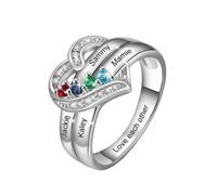 Ringelordner 12 Color Birthstone Heart Ring Engraved DIY Family Name Ring Mother's Day Ringe Echt Silber 925 Set (SL4, F)