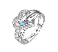 Ringelordner 12 Color Birthstone Heart Ring Engraved DIY Family Name Ring Mother's Day Ringe Echt Silber 925 Set (SL3, F)