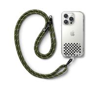 Ringke Holder Link Strap con Etichetta Progettata Graficamente, Tracolla Regolabile Cordino Corda Poliestere Compatibile con Custodia Universale per Cellulare - Checkerboard Black/Khaki & White