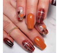 Ringraziamento Autunno Premere sulle Unghie Piazza Foglie d'Acero Unghie Finte Caduta Glitter Punta Francese Stick