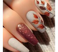 Ringraziamento Press On Nails Glitters Acrilico Unghie Finte Foglie d'Acero Disegni Lucido Stick On Per Le Donne 24Pcs