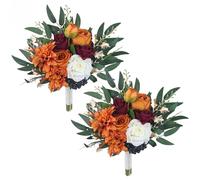 Rinlong Set di 2 bouquet da sposa autunnali per damigelle d'onore arancione bruciato damigella d'onore fiori artificiali in terracotta, cerimonia nuziale in terracotta