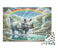 Rinoceronte Bianco Carta Rinoceronte nella piscina della cascata con arcobaleno confezione puzzle regalo per calza divertente per la famiglia 70x50cm/1000 pezzi