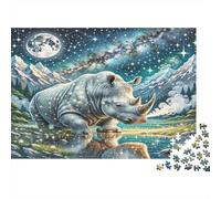 Rinoceronte Bianco Puzzle in carta Rinoceronte nel lago montano della notte stellata confezione puzzle regalo di Natale segreto stimolante mentale 52x38cm/1000 pezzi