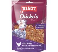 RINTI - Chicko Plus - Cubo di prosciutto di formaggio | Filetto di petto di pollo con formaggio e prosciutto per cani adulti. Spuntino ricco di calcio senza additivi in sacchetto fresco | 12 x 80 g
