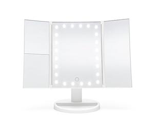 Rio The Beauty Specialist Specchio Makeup Pieghevole da tavolo con luce LED incorporata, 24 luci LED con intensità regolabile, Touch, magnificatore 2x e 3x, a batteria o USB, MMFD-WH