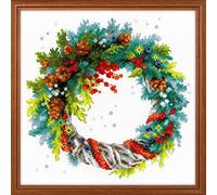 RIOLIS 1603 Wreath with Blue Spruce Cross Stitch Kit, Cotone, Multi Color, 30 X 0, 1 cm