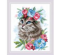 RIOLIS - Gatto tra i fiori 2088, Punto croce 15x18, Punto croce kit da ricamare, Disegni da ricamare, Embroidery kit, Kit ricamo punto croce