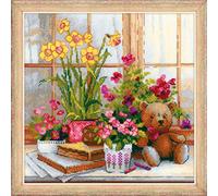 Riolis Stickpackung Narzissen Auf der Fensterbank, Zahlmuster Kit Punto Croce, Cotone, Multicolore, 2525cm