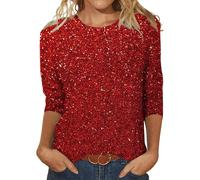 riou Camicetta Paillettes Maglietta Invernali con Scollo a V a Maniche a 3/4 T Shirt Glitter da Sera Capodanno Maglia Elegante Tops Cerimonia Taglie Forti Magliette Paillettes per Feste e Festival