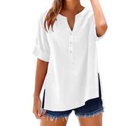 riou Offerte Oggi Camicetta da Donna Top con Scollo a V Tunica Camicia Bluse a Maniche Corte Eleganti T-Shirt Blusa Maglietta Tops con Bottoni Moda Casual T Shirt Tinta Unita Classico