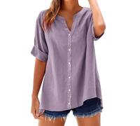 riou Offerte Oggi Camicia Donna Elegante Bluse e Camicie Cotone Camicetta Manica Corta Lino Top Spiaggia Autunno con Bottoni Lavoro Casual Tops Camicetta da Spiaggia Tinta Unita Classico