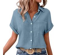 riou Offerte Oggi Camicia Donna in Lino Eleganti Estive Camicette Cotone Manica Corta Tinta Unita Bluse e Camicie Curvy Scollo a V Maglietta Loose T Shirt Oversize Leggera Magliette con Button Moda