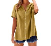 riou Offerte Oggi Camicia Donna Manica Corta Top Spiaggia Camicetta Cotone Elegante con Scollo a V Leggero Vintage Casual Camicie con Button Tops Tinta Unita Estive Shirt Classico Maglia