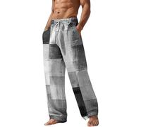 riou Offerte Saldi Pantaloni Lino Uomo Estivi Pantalone da Spiaggia Cotone Pantaloni Leggeri Comodo Allentati Tinta Unita Pantalone Jogging Lunghi Comodi per Il Tempo Libero con Coulisse per Vacanze