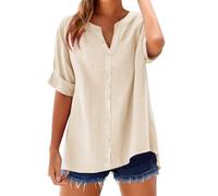 riou Offerte Sconto Camicia Donna Cotone Lino Estiva Camicetta Maniche Corte Scollo a V Blusa Elegante con Bottoni Camicia da Lavoro Casual Shirt Tops Oversize Curvy Maglietta Camicie da Spiaggia