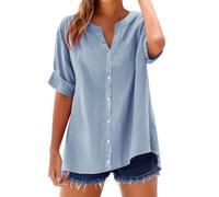 riou Offerte Sconto Camicia Donna Cotone Lino Estiva Camicetta Maniche Corte Scollo a V Blusa Elegante con Bottoni Camicia da Lavoro Casual Shirt Tops Oversize Curvy Maglietta Camicie da Spiaggia