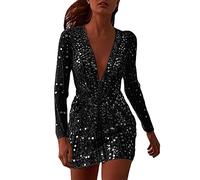 riou Vestito Donna Elegante Invernale con Paillettes Maniche Lunghe Midi Abito Sexy Profondo V Aderente Abiti Cerimonia Prospettiva Bodycon Vestiti de Sera Discoteca Cocktail Party Tubino Festa