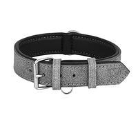 Riparo, K-9, collare regolabile, in vera pelle imbottita, resistente, XL: 4,4 cm di larghezza, collo 53,3-63,5 cm, grigio con filo bianco
