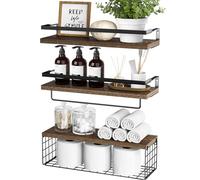 Ripiani galleggianti in legno per bagno sopra la mensola da parete del WC con telaio in metallo Rack di stoccaggio con cestino Rustico Combustione Colore Bagno Decor