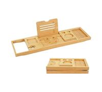 Ripiano per Vasca Relaxdays, bambù, allungabile 70-105 cm, Pieghevole, portabicchieri e Supporto per Libri, Naturale