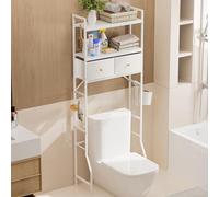Ripiano portaoggetti sopra il WC con 2 cassetti e porta carta igienica, salvaspazio con 4 ganci per lavanderia/cucina, si adatta alla maggior parte dei servizi igienici, bianco