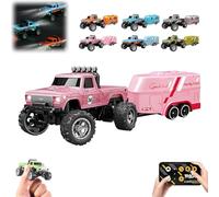 Riprush Mini Monster 1/64, Off-Road LED Alloy Racer, 3-Speed Modes, Aerospace-Grade Alloy Construction Mini Monster Truck RC Car with Trailer (Pink)
