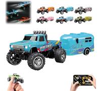 Riprush Mini Monster 1/64, Off-Road LED Alloy Racer, 3-Speed Modes, Aerospace-Grade Alloy Construction Mini Monster Truck RC Car with Trailer (Blue)